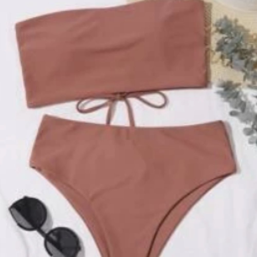 Lace-up Back Bandeau High Waisted Bikini Swimsuit